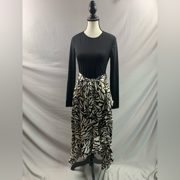 Black/Cream Asymmetrical Ruffle Hem Belted Dress - Picture 5 of 8